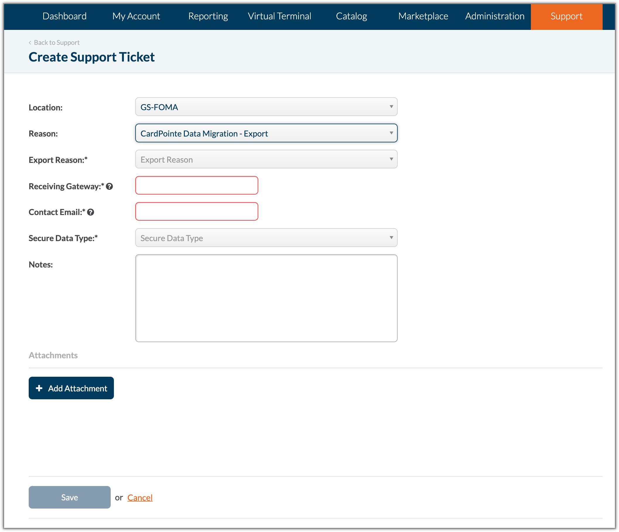 Create Support Ticket Screen Capture