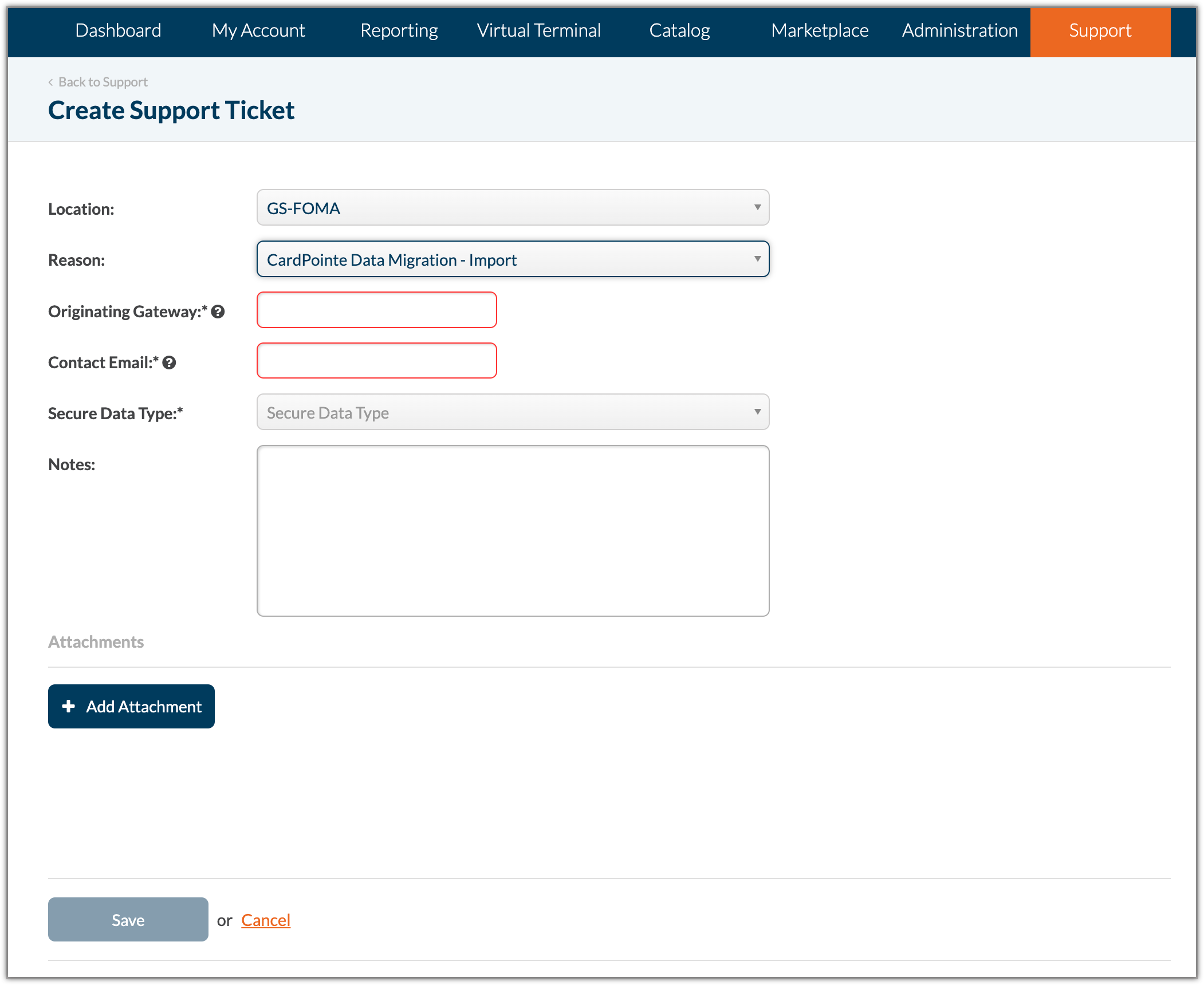 Create Support Ticket - CardPointe Data Migration - Import