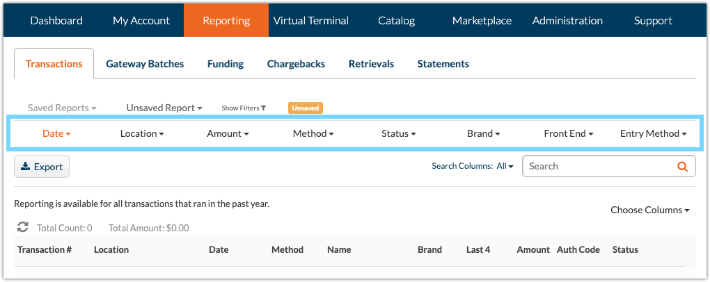 Web reporting transactions filters