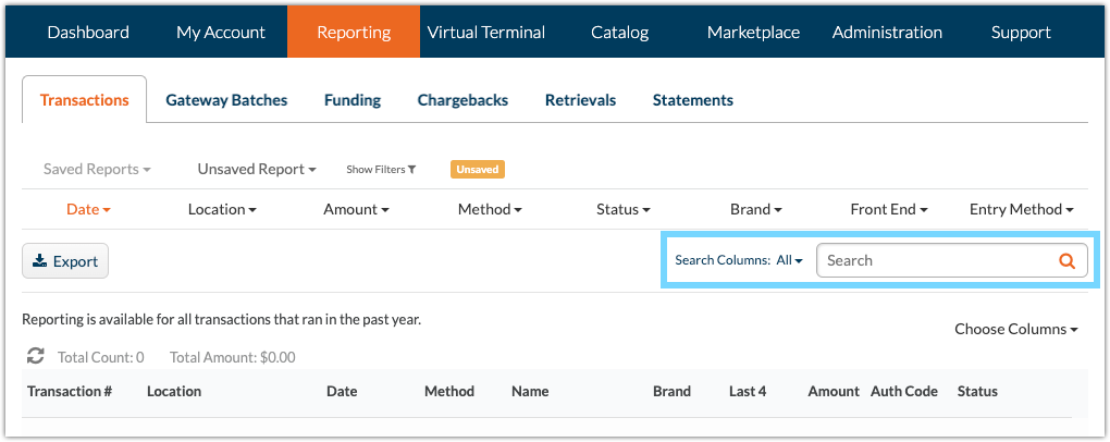 Web Reporting Transactions Searching