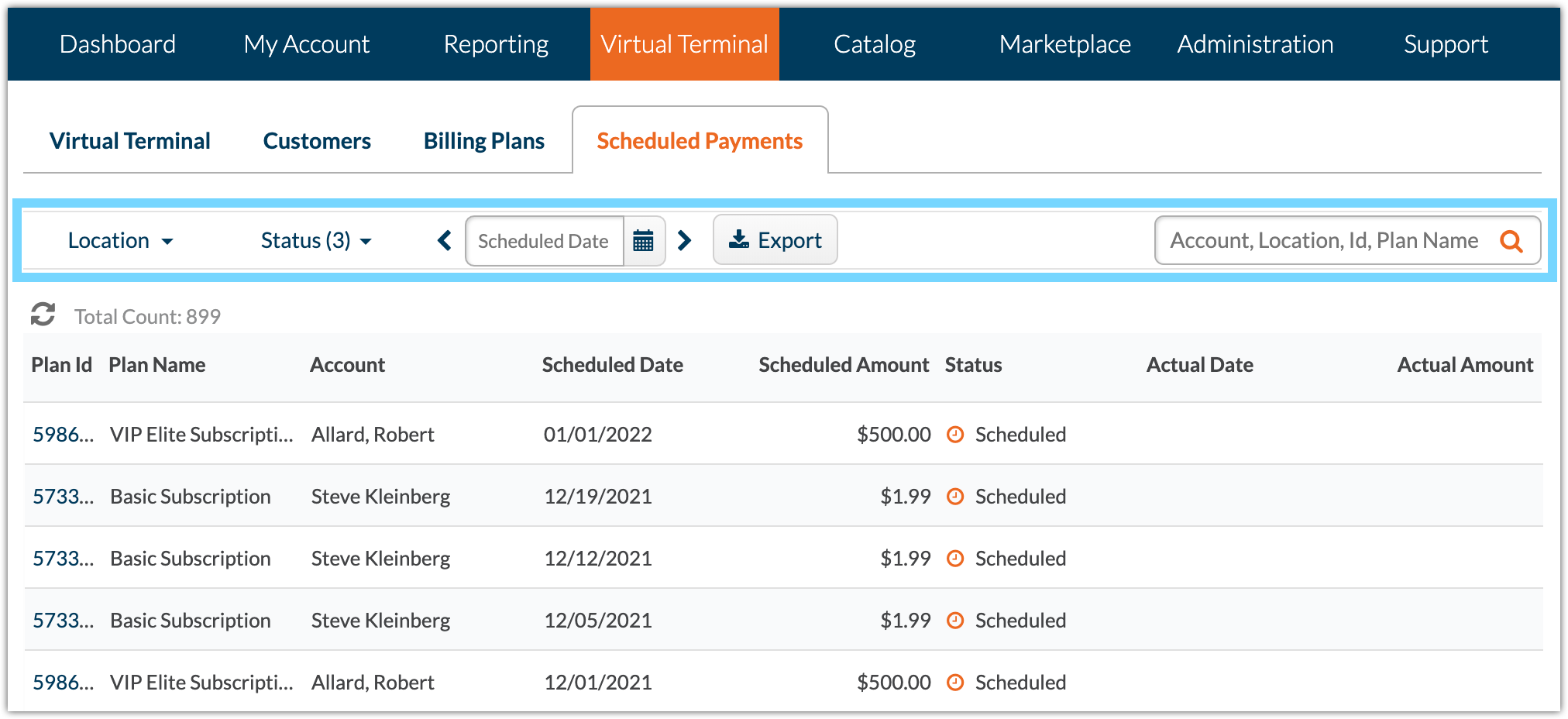 Cardpointe Web VT scheduled filter